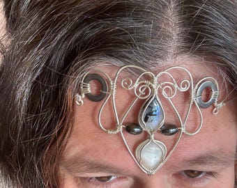 Wire Wrapped Third Eye Crown with Rainbow Moonstone and Hematite in Silver Fill Wire