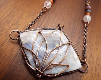 Belmorite Moonstone "Lotus " Pendant Necklace in Copper with Rose Quartz, Carnelian, and Sapphire Beads