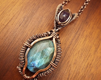 Faceted Labradorite with Faceted Fluorite Pendant Necklace in Copper