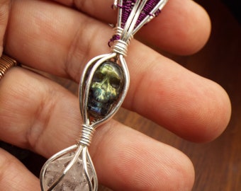 Carved Labradorite Skull and Herkimer Diamond Pendant Necklace in Silver Fill and Color Wire