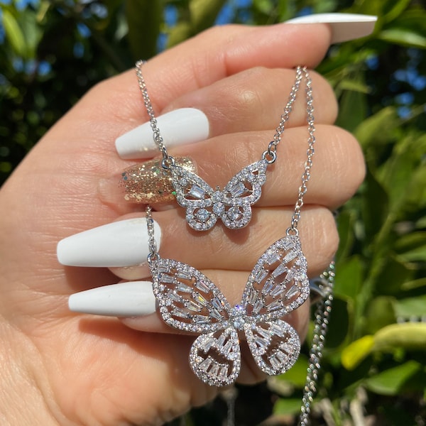 Diamond butterfly necklace with baguette cubic zirconia diamonds
