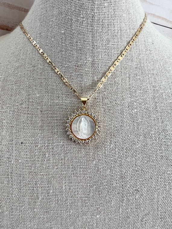 Virgen de guadalupe diamond pearl shell necklace
