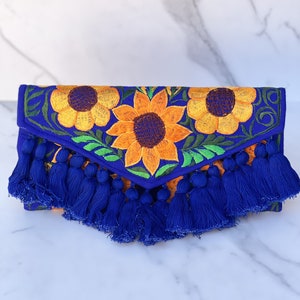 Sunflower Embroidered  Tassels Mexican Crossbody purse ,Hand Embroidered Floral Bag. Oaxaca Colorful Mexican Bag handmade with strap