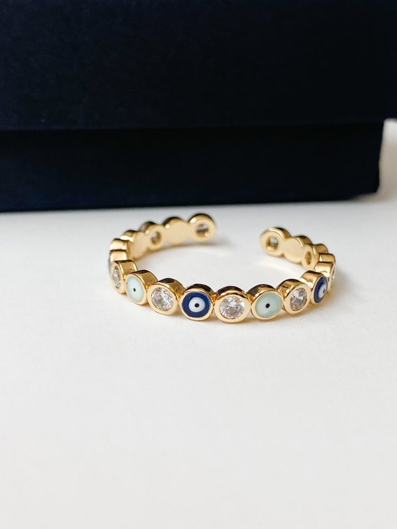 Blue Evil eye band ring adjustable gold