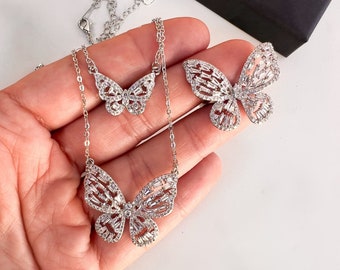 Diamond Butterfly Necklace With Baguette Cubic Zirconia