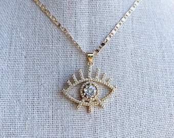 Gold evil eye necklace zirconia diamonds turkish eye mal de ojo