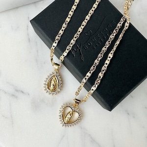 Diamond Virgencita heart necklace, Tear drop necklace