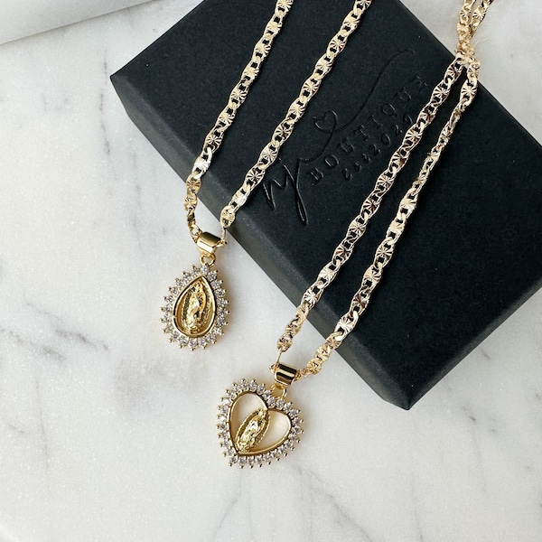 Diamond Virgencita heart necklace, Tear drop necklace