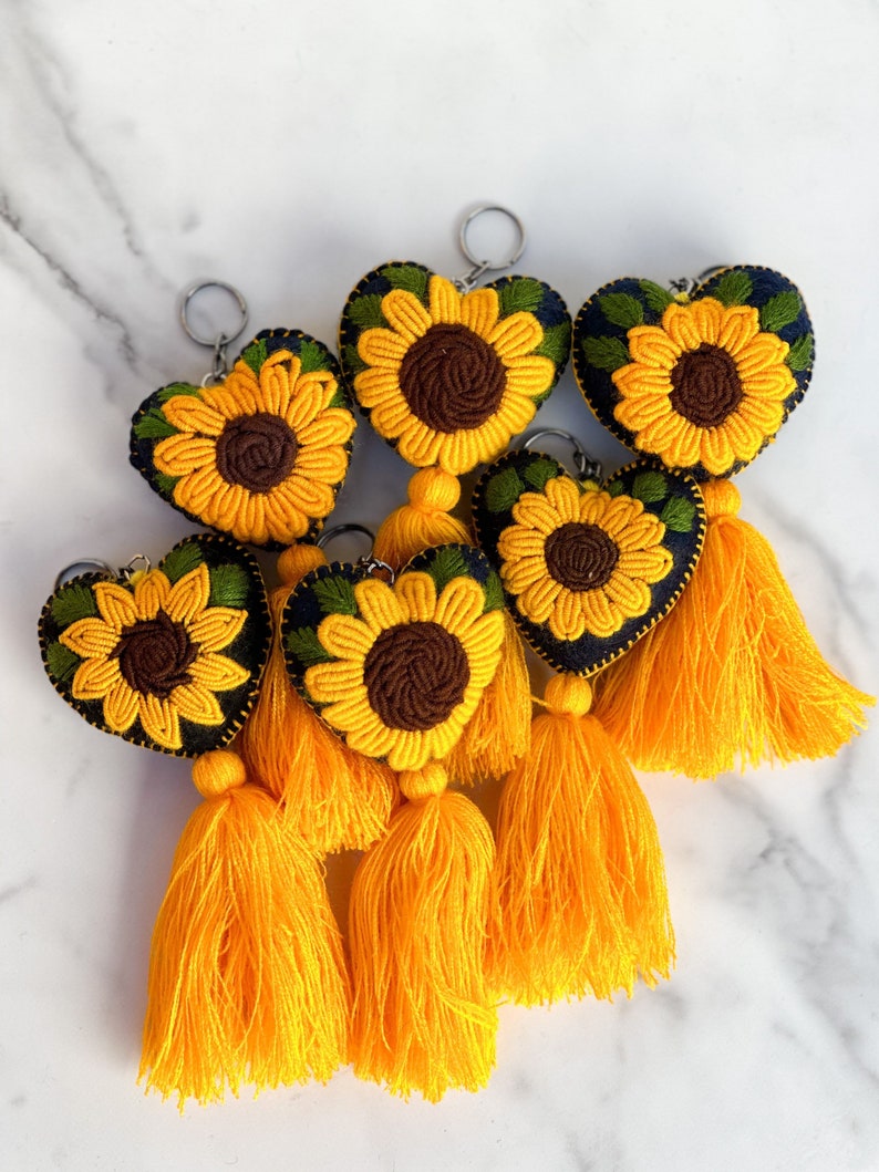 Flower Heart Keychain Sunflower Keychain Embroidered Mexican Etsy