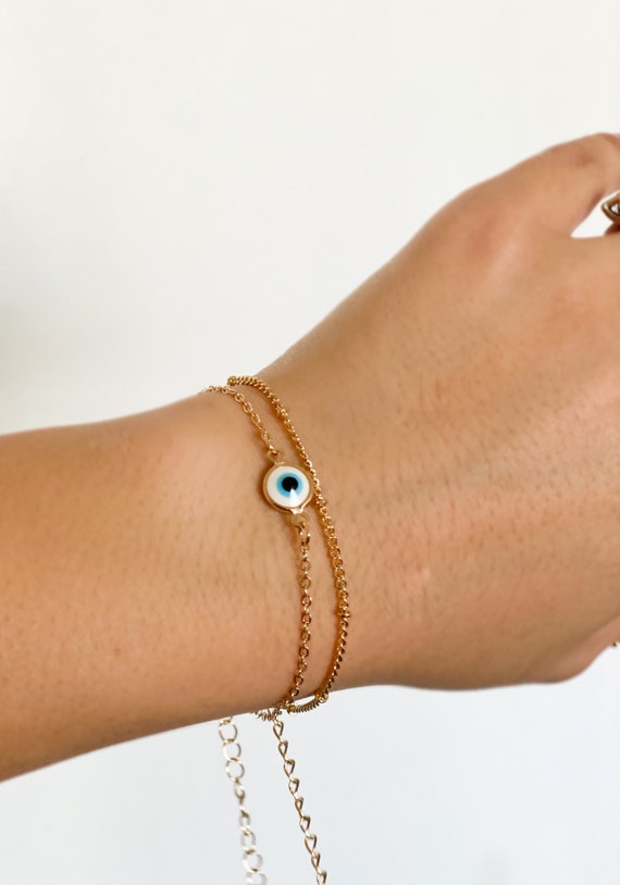 2pc evil eye bracelet set , dainty layered evil eye bracelet