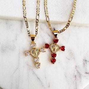 Virgen de Guadalupe Diamond cross heart necklace, Pink heart diamonds