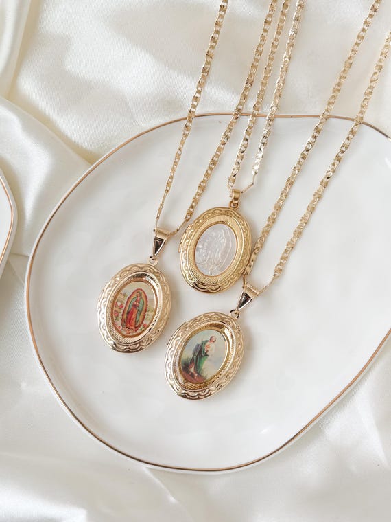 Virgencita san judas picture locket necklace, pearl shell virgencita picture locket pendant