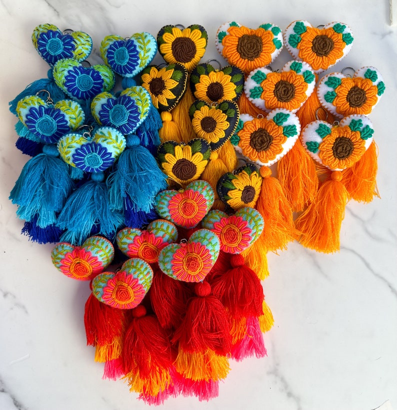 Flower Heart Keychain Sunflower Keychain Embroidered Mexican Etsy