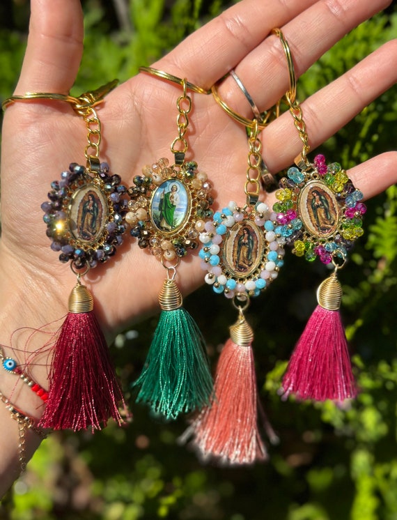 Virgencita / san judas crystal stone keychain