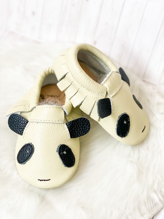 Cute genuine leather baby panda moccasins, toddler panda moccasins, baby girl moccasins, baby boy moccasins, soft sole moccasins, crib shoes