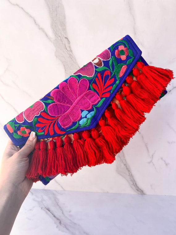Traditional Embroidered flower Tassels Mexican Crossbody purse ,Hand Embroidered Floral Bag. Oaxaca Colorful Mexican Bag handmade with strap