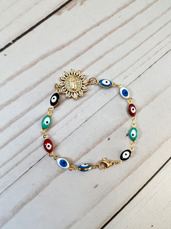 Diamond virgen de Guadalupe evil eye bracelet