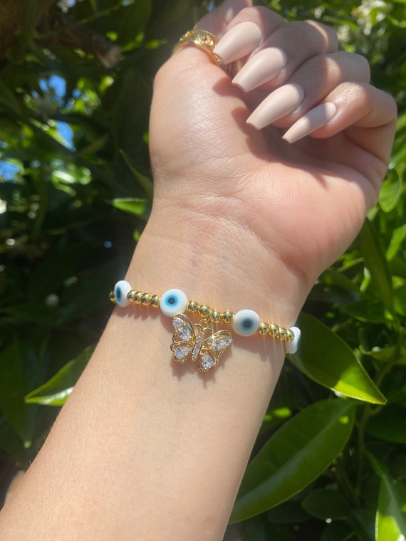 Diamond Butterfly white evil eye bracelet