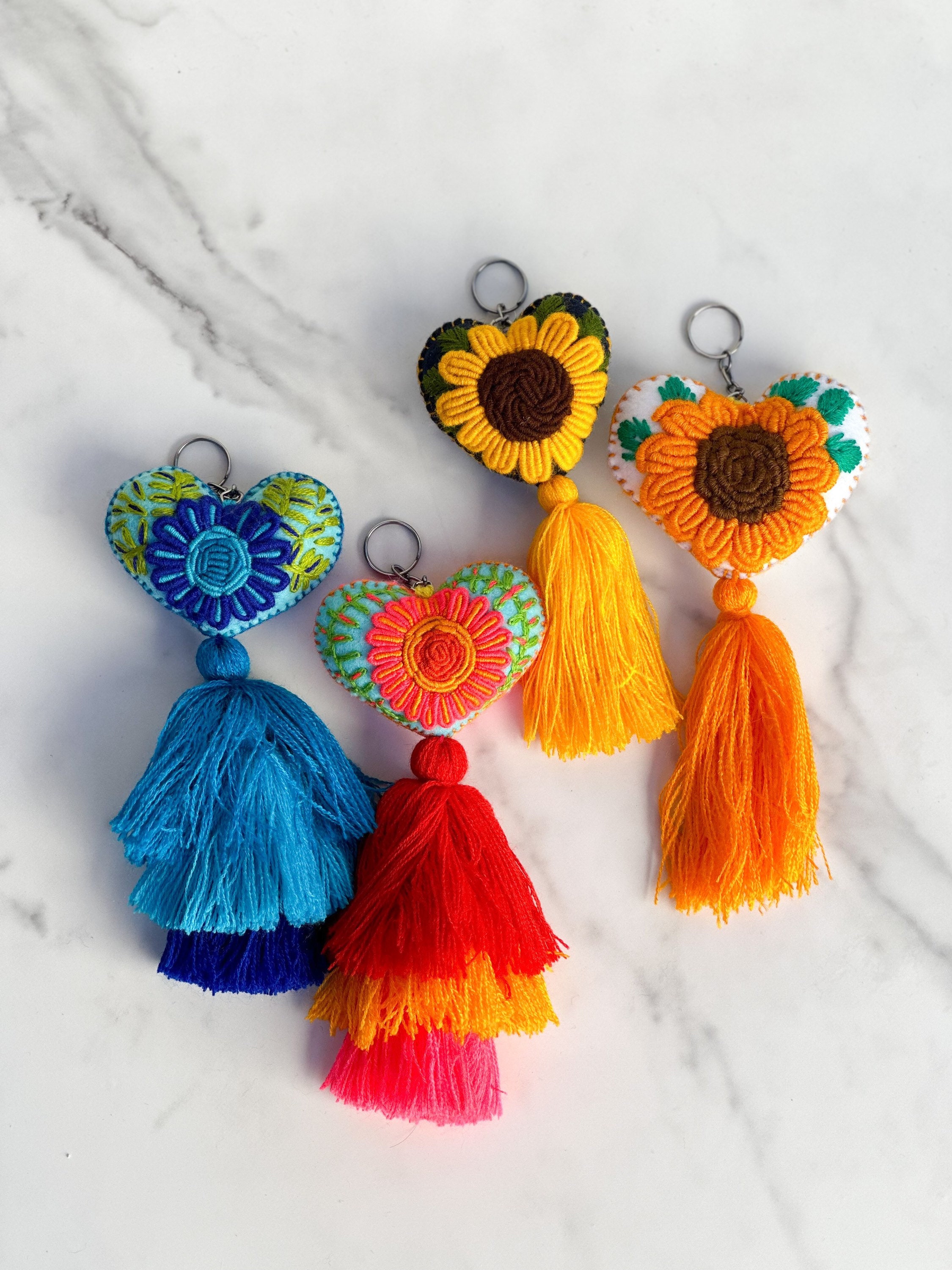 Flower heart keychain sunflower keychain embroidered Mexican keychain