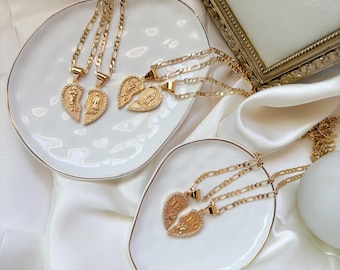Collar de pareja chapado en oro de 14 k: colgantes de corazón de San Judas y Virgencita, collares de corazón, collar de Jesús