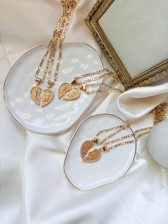 14k Gold Plated Couple's Necklace: San Judas & Virgencita Heart Pendants, heart necklaces , Jesus necklace