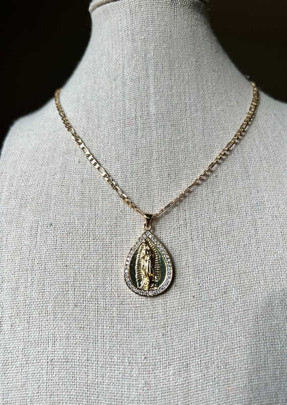 Tear drop diamond virgen de Guadalupe necklace
