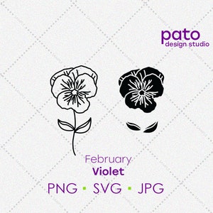 May include: Two violet flower illustrations, one outlined and one solid black, with the text "February Violet" and file type options PNG, SVG, and JPG. The design studio logo is in the upper right corner.