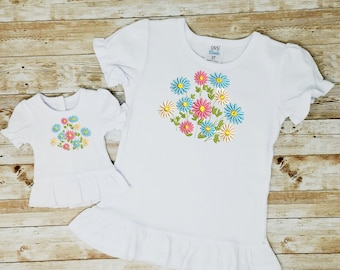 Matching 18" Doll and Girl Ruffled Tshirt with embroidered Daisy Wildflowers