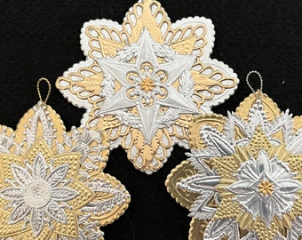 SNOWFLAKES 3 handmade ornaments STAR gift boxed Christmas decor celestial Mid Century style