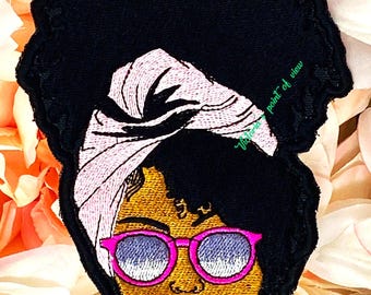 Afro Girl Pink Sunglass Patch - Iron On/Sew On Embroidered Applique