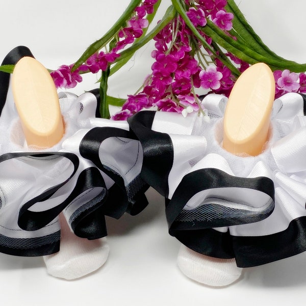 Tutu Anklets White and  Black Ankle Ruffle Sockless, Anklets, Girly, stylish, Fashionable, Fluffy, Ribbon trim