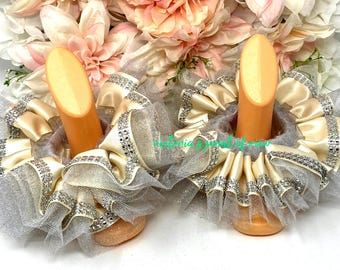 Cream and Silver Tulle Anklets, Party Ruffle Ankle Cuffs