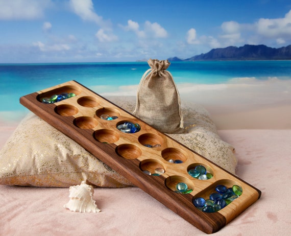 Deluxe Mancala Board Game With Glass Stones, 21 by 6 Inches, Made From  Select Hardwoods 