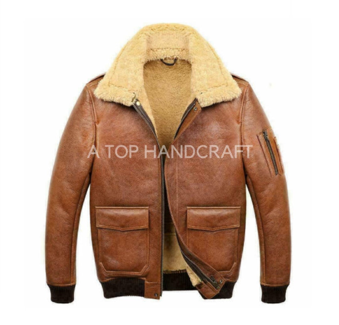 Men Leather Jacket Vintage Shearling Fur Coat Handmade Bomber - Etsy