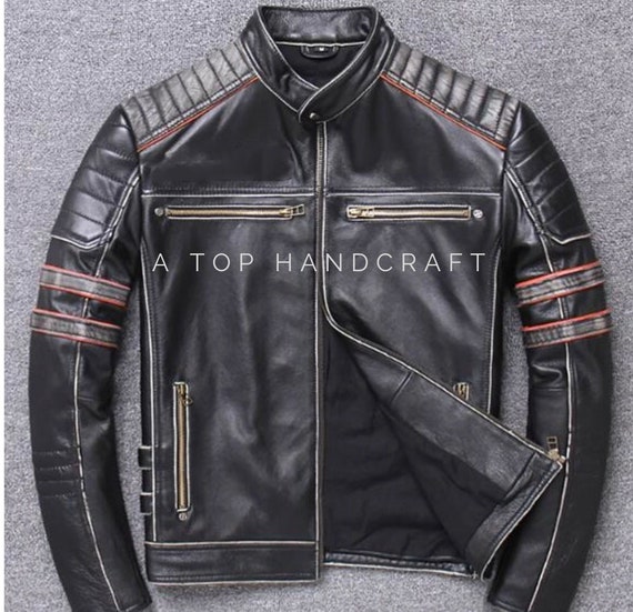 Men's Black Vintage Motorcycle Distressed Coffee Racer Leather Jacket