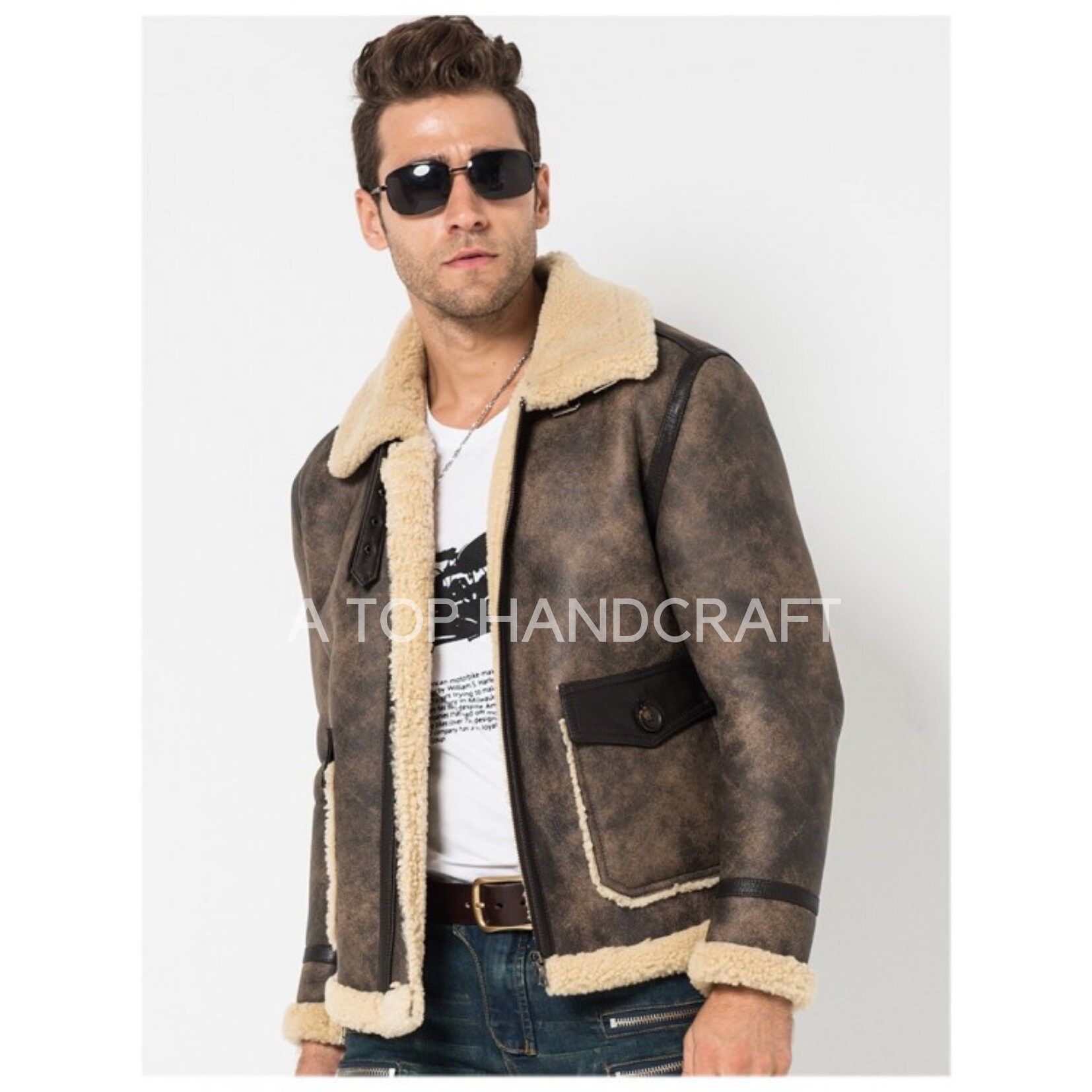 Men Handmade Full Grain Leather Jacket, Bomber Aviator Winter Leather Coat for Men