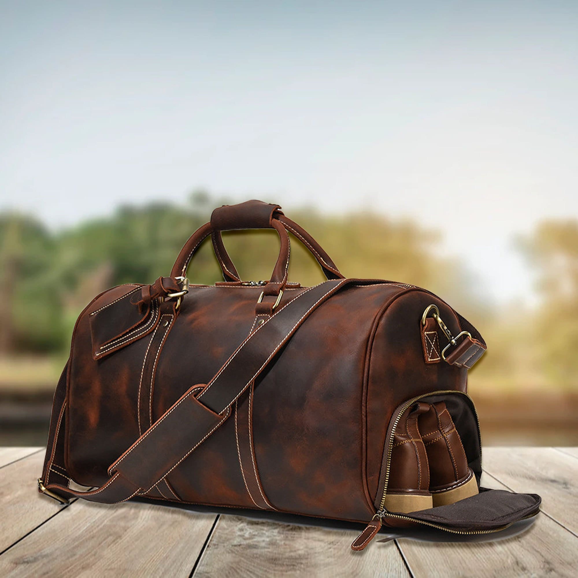 Mens Leather Weekender Bag with Shoe Compartment