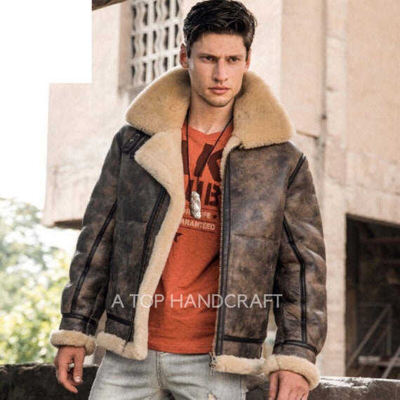 Mens Shearling B3 Bomber Flight Aviator Sheepskin Leather Jacket