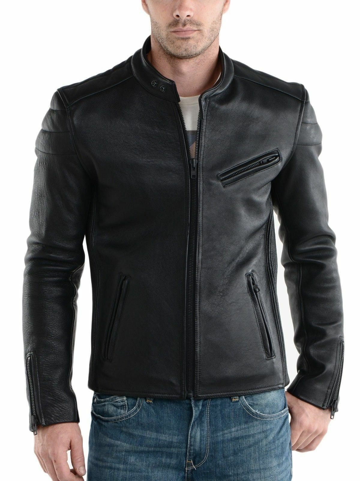 Mens Genuine Leather Jacket Biker Motorcycle Cafe Racer - Etsy UK