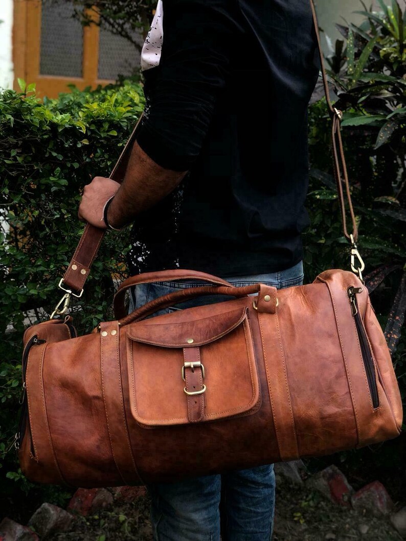 Large Brown Handmade Leather Duffel Bag Vintage Travel Duffel Etsy UK