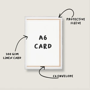 May include: A white A6 card with the text "A6 CARD" printed on it. The card is inside a clear protective sleeve and a C6 envelope. The card is made of 300 gsm linen card.