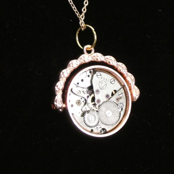 Tension Set Vintage Watch with Exposed Movement Pendant Necklace (not working)