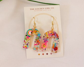 Funky Glitter Earrings | Arch Dangle Resin Earrings | Confetti Glitter Earrings | Party Earrings | Glitter Statement Earrings