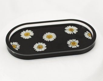 Handmade Resin Pill Tray | Dried Flowers | Bathroom Vanity Tray | Catch All Dish | Trinket Tray | Boho Decor | Bright Floral Resin Tray |