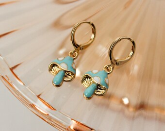 Mushroom Huggie Hoops | Pastel Mushroom Huggie Earrings | Mushie Dangle Earrings | Gift for Her | Dainty Gold Filled Earring