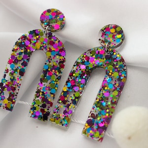 Arch Dangle Resin Earrings Confetti Glitter Earrings Party Earrings Glitter Statement Earrings image 1