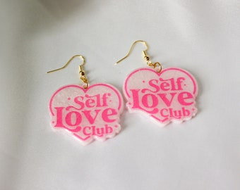 Self Love Club Resin Earrings | White Dangle Earrings | Female Empowerment Earrings | Lightweight Statement Earrings | Hypoallergenic