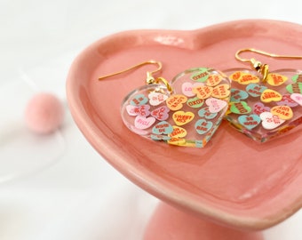 Conversation Heart Resin Earrings | Lightweight Dangle Earrings | Valentine's Day Earrings Women | Gift for Her | Clay Heart Earrings