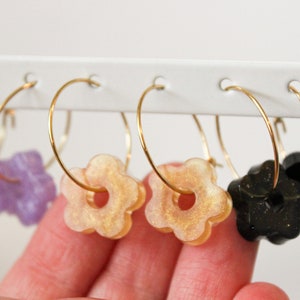 Mini Hoop Flower Dangles Flower Huggie Hoops Minimalist Flower Hoop Earrings Glitter Gold