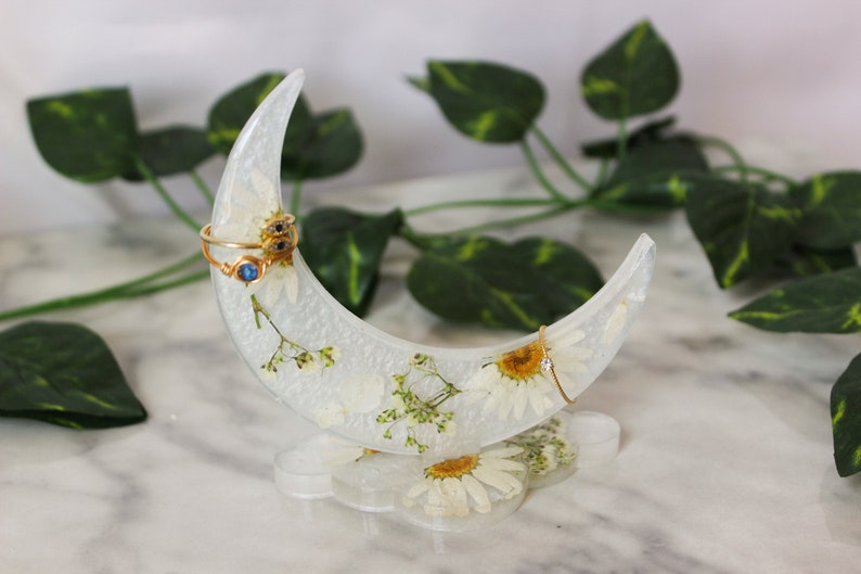 Crescent Moon Ring Holder Resin Ring Holder Resin Jewelry Stand Room Decor Pressed Flowers image 1